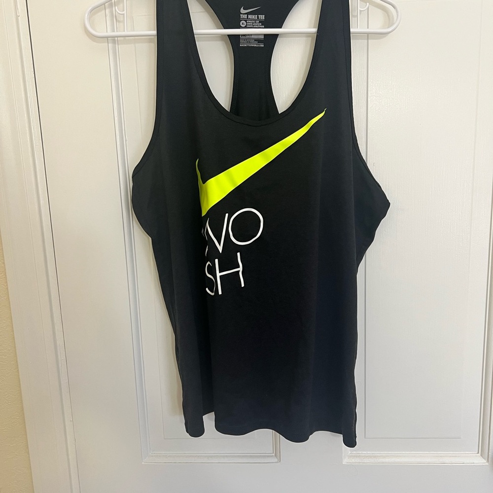 Nike Women's Black Tank Top with Neon Yellow Swoosh